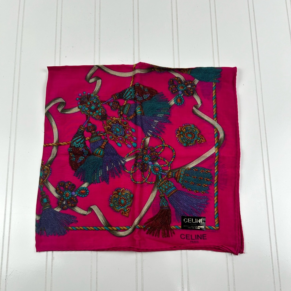 Celine Paris Pink Blue Gold Multi Color Scarf Handkerchief - Picture 2 of 7